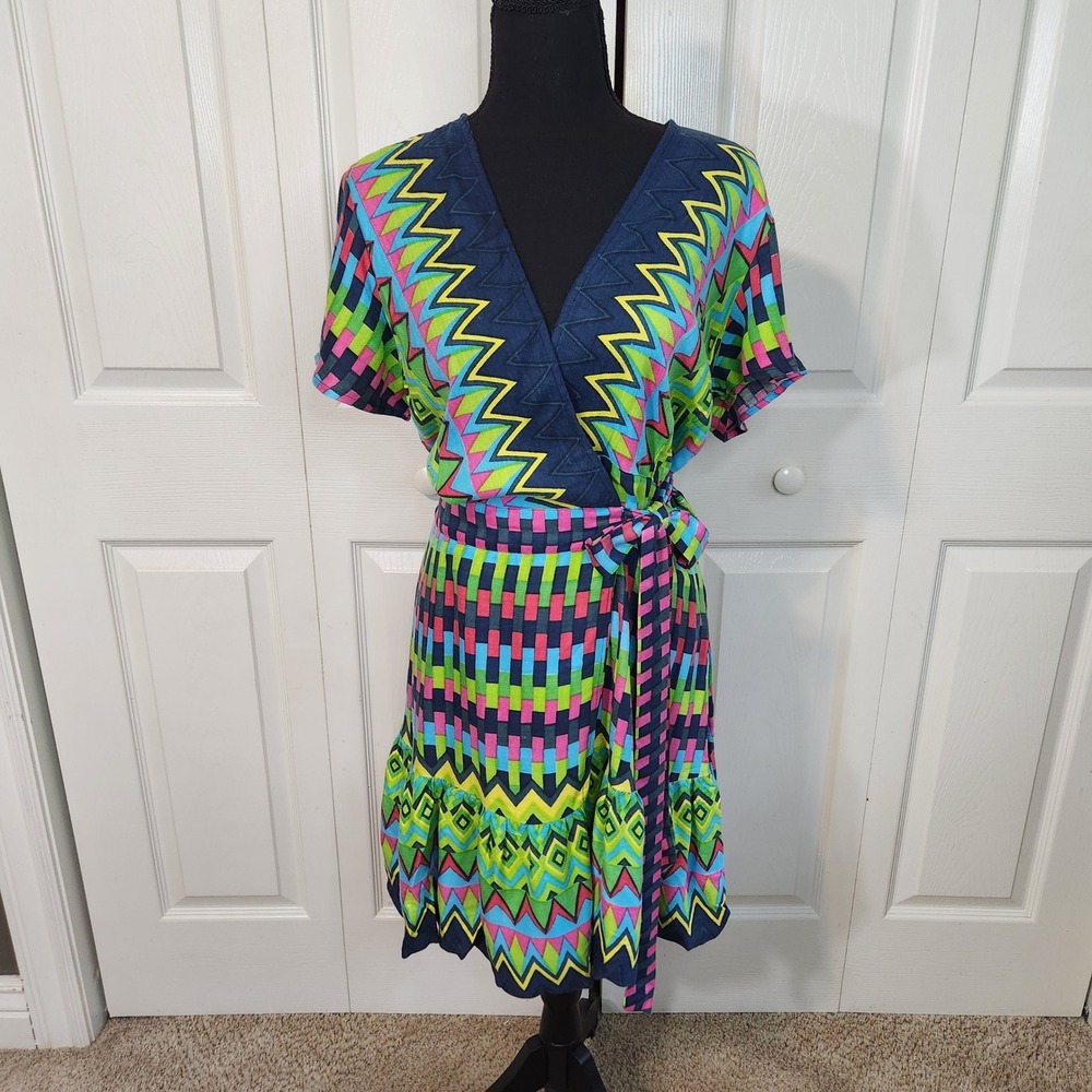Sacred Threads Rainbow Geometric Wrap Dress‎ Ruffle Hem S/M NEW Boho Art To Wear